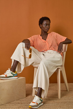 Roman Orange Abstract Print Tunic Top & Stone Baby Corduroy Wide Leg Culotte