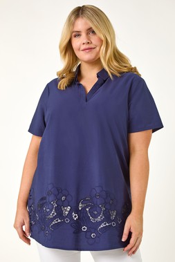 Roman Curve Navy Floral Cut Out Woven Top