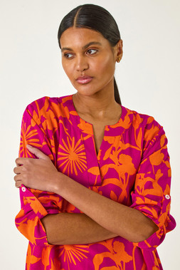 Roman Fuchsia Floral Wrap Hem Tunic Top