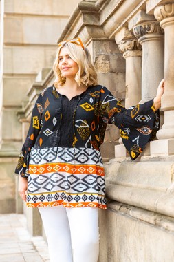 Roman Curve Orange Ikat Print Woven Top