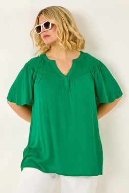Roman Curve Green Shirred Yoke Top