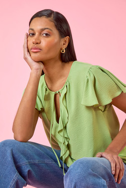 Roman Mint Tie Front Frill Top