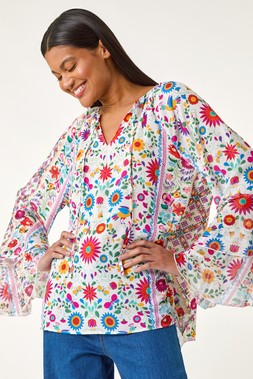 Roman Pink Tie Front Floral Print Top