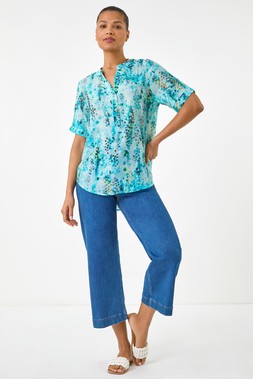Roman Blue Abstract V-Neck Top