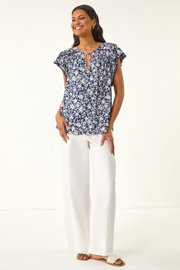 Roman Floral Print Frill Sleeve Tie Top