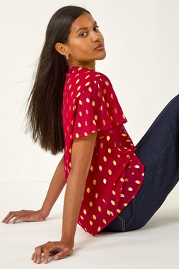 Roman Red Foil Spot Print V-Neck Top