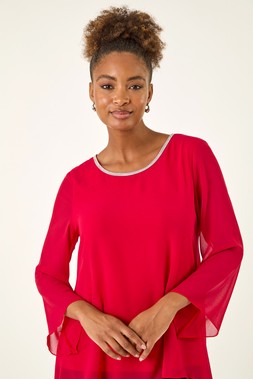 Roman Red Sparkly Asymmetric Chiffon Top