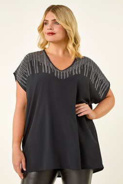 Roman Curve Black Hotfix Woven Top