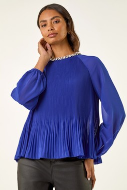 Roman Blue Embellished Pleated Top