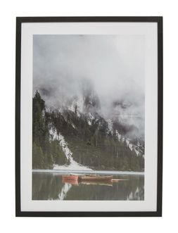 cabin misty boats on lake framed wall art &pound;29.99