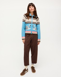 Striped Swan Zip Up Collared Knitted Bomber Jacket