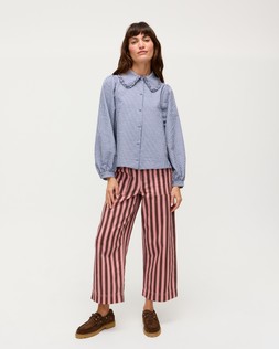 Brown & Pink Striped Scalloped Pocket Cropped Wide Leg Jeans