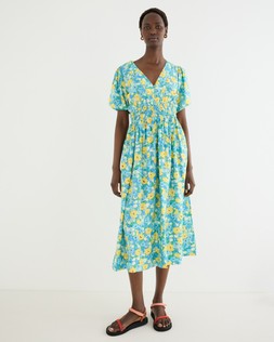Blue & Yellow Floral V-Neck Puff Sleeve Midi Dress £80 €120