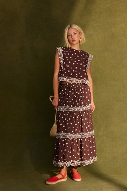 Chocolate Brown Polka Dot Scalloped Cutwork Midi Skirt £78