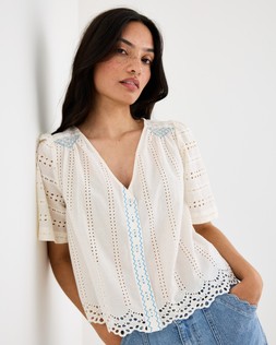 Cream & Blue Broderie V-Neck Blouse £60 €78