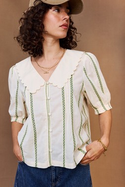 Cream Embroidered Striped Scalloped Collar Blouse £60