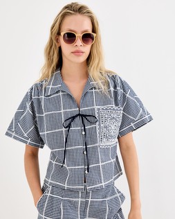 Navy Blue & White Gingham Embroidered Short Sleeve Shirt £65 €85