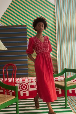 Red & Purple Striped Shirred Bodice V-Neck Midi Dress £85