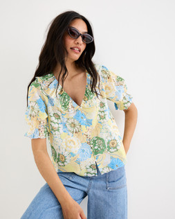 Yellow & Blue Floral Frill V-Neck Blouse £60 €78