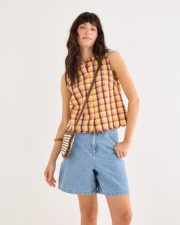 Yellow & Brown Checked Button Up Scalloped Blouse £55 €72