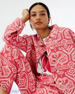 Red & Cream Jacquard Cotton Collared Jacket