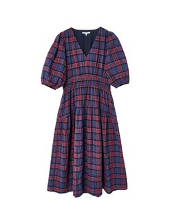 Blue & Red Checked V-Neck Puff Sleeve Midi Dress £80