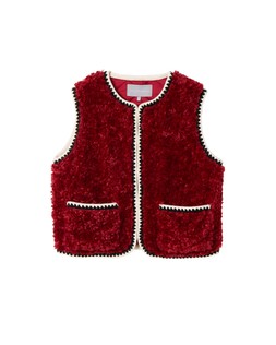 Cherry Red & White Scalloped Trim Borg Knitted Gilet £80