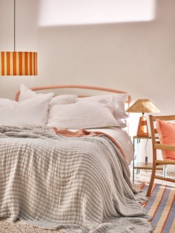 Oliver Bonas Ena Stripe Shade £25 - Terracotta Table Lamp £98 - Eze Cotton Bedspread £85 - Woven Stripe Runner £75