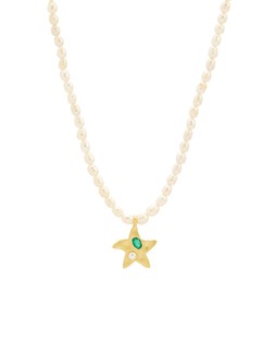 Oliver Bonas Lyra Star Green Onyx & Pearl Gold Plated Beaded Pendant Necklace £75