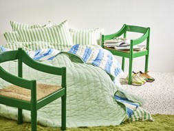 Oliver Bonas Tinta Stripe Bedside Table £195 - Pintar Desk & Table Lamp £125 - Striped Bedspread £150 - Reversible Fringed Cushion Cover £32.50 - Milos Jute Rug £225