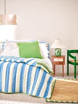 Oliver Bonas Tinta Stripe Bedside Table £195 - Pintar Desk & Table Lamp £125 - Striped Bedspread £150 - Reversible Fringed Cushion Cover £32.50 - Milos Jute Rug £225