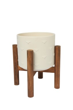 B&M GARDEN SS26 // NATURAL GARDEN // CERAMIC PLANTER ON WOODEN STAND - EMBOSSED BUTTERFLY // £8 //