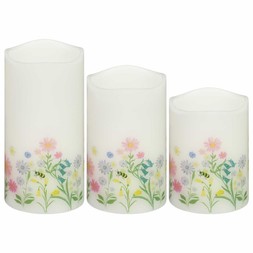 B&M HOME SS26 // COUNTRY RUSTIC // SET OF 3 SCENTED LED CANDLES WITH FLORAL PATTERN // £10 //