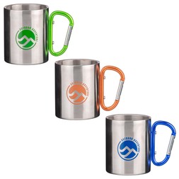 B&M GARDEN SS26 // THE GREAT OUTDOORS // STEEL MUG & CARABINER - ORANGE, GREEN & BLUE // £3 EACH //