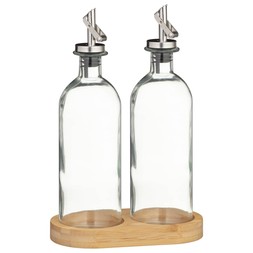 B&M HOME SS26 // KITCHEN // SET OF 2 GLASS OLIVE & VINEGAR BOTTLES ON BAMBOO STAND // £5 //