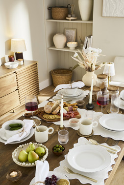 B&M HOME SS26 // RAW BEAUTY // 12PC DINNER SET WITH BEADED RIM £25 // 2PK SCALLOP PLACEMATS £5 // 2PK HAMMERED WINE GLASSES £6 //