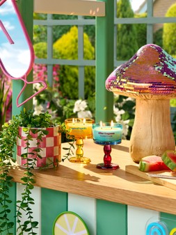 B&M GARDEN SS26 // BRIGHTS // ARTIFICIAL TRAILING EUCALYPTUS £4 // COCKTAIL GLASS CANDLE £3 EACH // DISCO TOADSTOOL £15 //