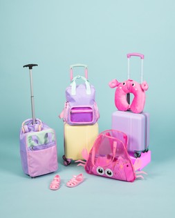 B&M HOLIDAY SHOP 2026 // LUGGAGE // KIDS' TROLLEY BAG - PINK £15 // KIDS NECK PILLOW - CRAB £5 // KIDS' HARD SHELL UNDERSEAT CABIN CASE - YELLOW £25 //