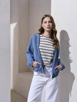 Chambray Hooded Lightweight Jacket £30 , Striped T-Shirt With Stitch Detail £14, & Wide Leg Cropped Jeans £20.