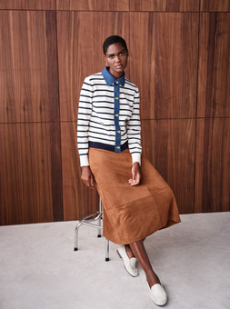 Striped Cardigan £26, Suedette Panelled Skirt £24
