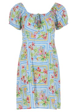 Womens Blue Floral Tile Mini Milkmaid Dress £20
