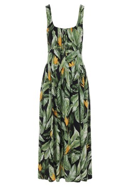 Womens Green Palm Leaf Print Waisted Midi Dress £28