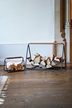 CONTEMPORARY BLACK WITH LOG HOLDER HANGING LEATHER £124.99, CONTEMPORARY BLACK WITH KINDLING HOLDER HANGING LEATHER £49.99