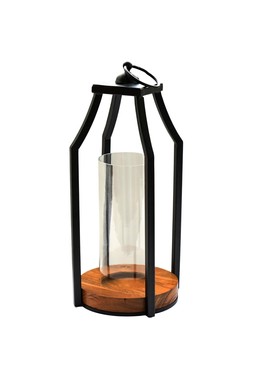 FELICITY CIRCULAR BASE LANTERN IN ACACIA WOOD:BLACK H30CM W14CM £44.99