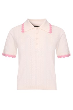 Cream Pointelle Knit Scalloped Polo Collar Top