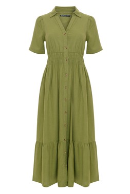 Olive Green Tiered Linen Blend V Neck Maxi Dress