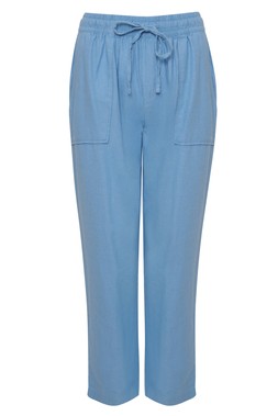 Blue Linen Blend Drawstring Trousers