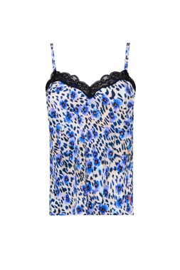 White with Blue Floral Cheetah Lace Trim Cami Top