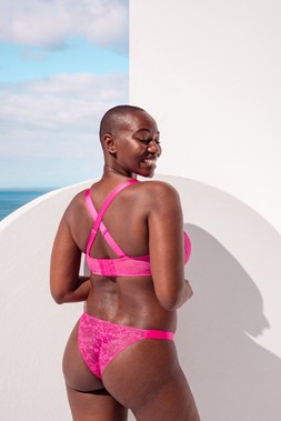 All Night Lace, Scooped Balcony Bra, Hot Pink/Blush, £32.00, US$65.00, CA$80.00, €48.00, A$80.00, All Night Lace, Tanga, Hot Pink/Blush, £17.00, US$32.00, CA$43.00, €26.00, A$43.00