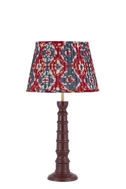 Burgundy Enamel Table lamp with red and blue pleated shade